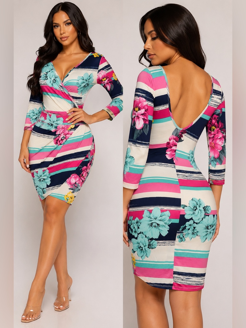 Fashion Nova It's Too Late Surplice Dress XS Floral Stripe Bodycon BNWT